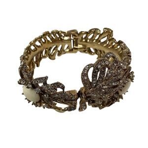 J Crew Gold Pave Feather Crystal Statement Bangle Vintage Bracelet A1-12